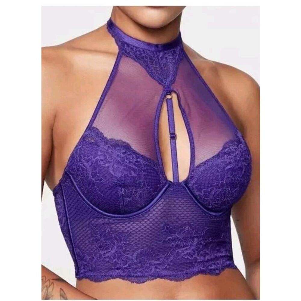 VICTORIAS SECRET Dark Purple Fishnet Lace Corset High Neck Bra Size Medium NWT